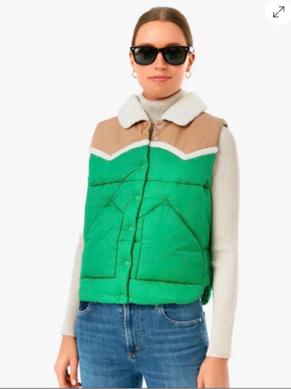 MOTHER “Ol’ West” Green Puffer Vest Shearling Collar Western Style sz XS